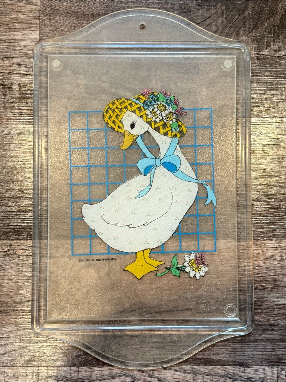 Vintage Goose Cutting Board with Blue Ribbon Bonnet and Flowers Cottagecore
